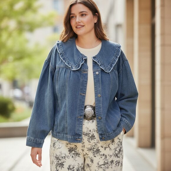 BAEVELY Womens Exaggerated Ruffle Collar Denim Jacket, NWT 3XL - Picture 4 of 11